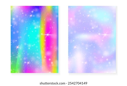 Unicorn background with kawaii magic gradient. Princess rainbow hologram. Holographic fairy set. Colorful fantasy cover. Unicorn background with sparkles and stars for cute girl party invitation.