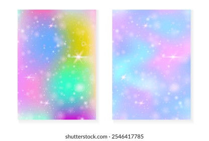 Fondo de unicornio con gradiente mágico kawaii. Holograma de la princesa arco iris.