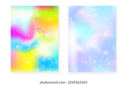 Unicorn background with kawaii magic gradient. Princess rainbow hologram.