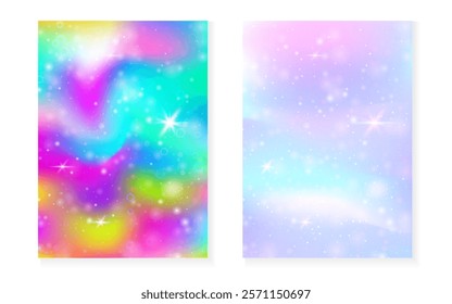 Unicorn background with kawaii magic gradient. Princess rainbow hologram.