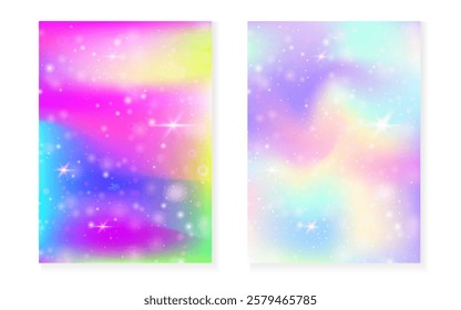 Unicorn background with kawaii magic gradient. Princess rainbow hologram.