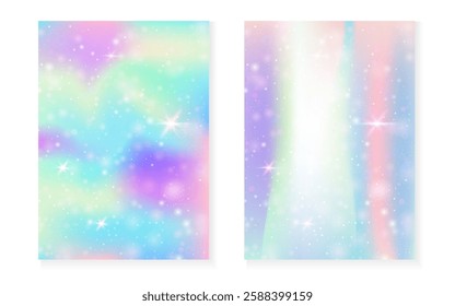 Unicorn background with kawaii magic gradient. Princess rainbow hologram.