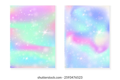 Unicorn background with kawaii magic gradient. Princess rainbow hologram.