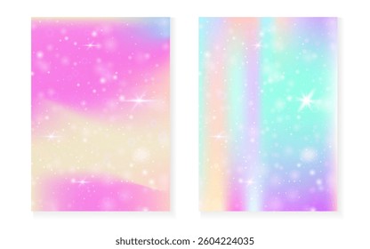 Unicorn background with kawaii magic gradient. Princess rainbow hologram.