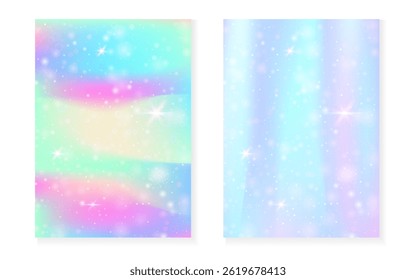 Unicorn background with kawaii magic gradient. Princess rainbow hologram.