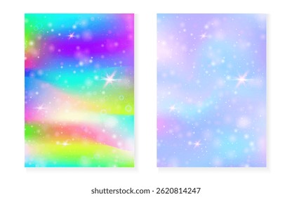 Fondo de unicornio con gradiente mágico kawaii. Holograma de la princesa arco iris.