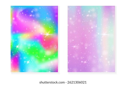 Unicorn background with kawaii magic gradient. Princess rainbow hologram.