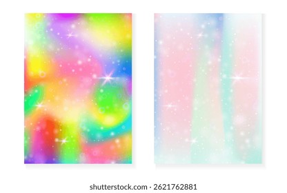 Fondo de unicornio con gradiente mágico kawaii. Holograma de la princesa arco iris.