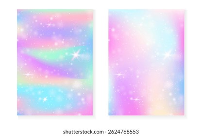 Unicorn background with kawaii magic gradient. Princess rainbow hologram.