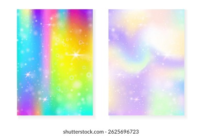Fondo de unicornio con gradiente mágico kawaii. Holograma de la princesa arco iris.