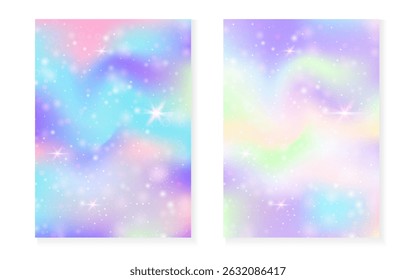 Unicorn background with kawaii magic gradient. Princess rainbow hologram.