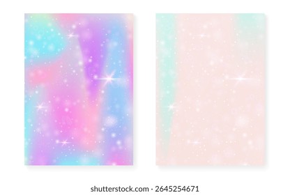 Fondo de unicornio con gradiente mágico kawaii. Holograma de la princesa arco iris.