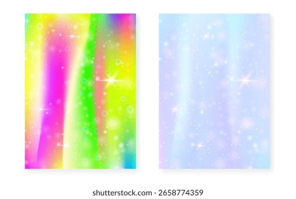 Fondo de unicornio con gradiente mágico kawaii. Holograma de la princesa arco iris.
