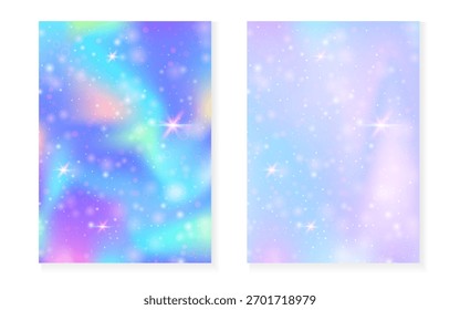 Fondo de unicornio con gradiente mágico kawaii. Holograma de la princesa arco iris.