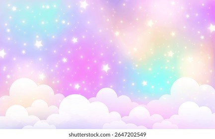 Unicorn background, magical cute kawaii gradient landscape, fantasy rainbow backdrop and mermaid cartoon wallpaper with glitter texture, bokeh neon light, pink sky cloud and iridescent sparkle star.