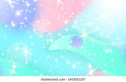 Unicorn background. Mermaid rainbow. Fairy pattern. Fantasy galaxy. Holographic magic stars. Rainbow unicorn light.