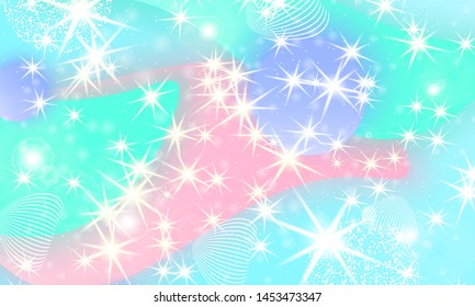 Unicorn background. Mermaid rainbow. Fairy pattern. Fantasy galaxy. Holographic magic stars. Rainbow unicorn light.