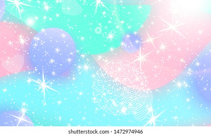 Unicorn background. Mermaid rainbow. Fairy pattern. Fantasy galaxy. Holographic magic stars. Rainbow unicorn light.