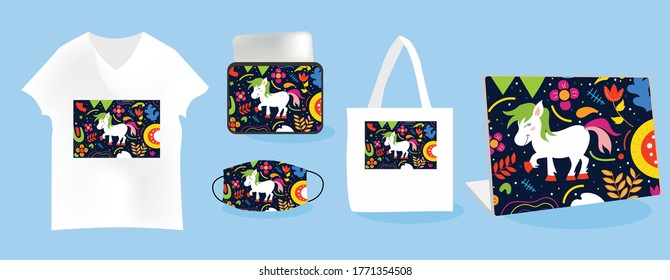 Unicorn background with Mockup templates vector illustration. tote bag, pouch, t-shirt, mask, skin laptop