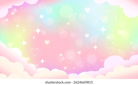 Fundo de unicórnio com pastel rosa céu nuvem silhueta, estrela, padrão de amor, brilho brilhante e bokeh. Gradiente paisagem espaço, kawaii ou sereia holográfico arco-íris pano de fundo para crianças colorir livro