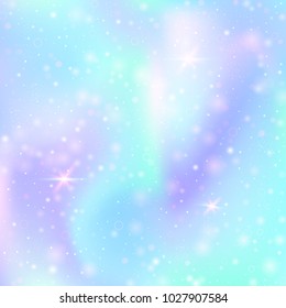 Unicorn background with rainbow mesh. Colorful universe banner in princess colors. Fantasy gradient backdrop with hologram. Holographic unicorn background with magic sparkles, stars and blurs.