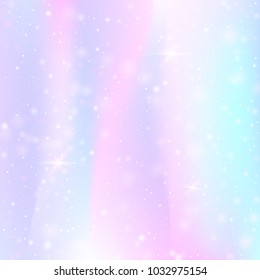 Unicorn background with rainbow mesh. Colorful universe banner in princess colors. Fantasy gradient backdrop with hologram. Holographic unicorn background with magic sparkles, stars and blurs.
