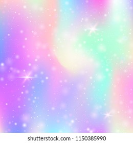 Unicorn background with rainbow mesh. Colorful universe banner in princess colors. Fantasy gradient backdrop with hologram.  Holographic unicorn background with magic sparkles, stars and blurs.