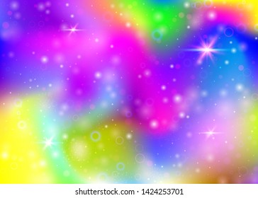 Unicorn background with rainbow mesh. Colorful universe banner in princess colors. Fantasy gradient backdrop with hologram. Holographic unicorn background with magic sparkles, stars and blurs.