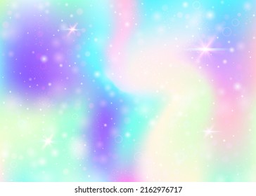 Unicorn background with rainbow mesh. Colorful universe banner in princess colors. Fantasy gradient backdrop with hologram. Holographic unicorn background with magic sparkles, stars and blurs.