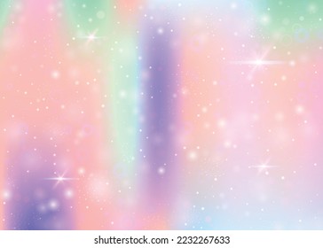 Unicorn background with rainbow mesh. Colorful universe banner in princess colors. Fantasy gradient backdrop with hologram. Holographic unicorn background with magic sparkles, stars and blurs.