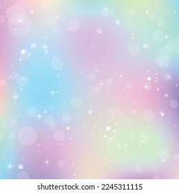 Unicorn background with rainbow mesh. Colorful universe banner in princess colors. Fantasy gradient backdrop with hologram.