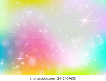 Unicorn background with rainbow mesh. Colorful universe banner in princess colors. Fantasy gradient backdrop with hologram. Holographic unicorn background with magic sparkles, stars and blurs.