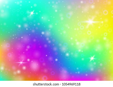 Unicorn background with rainbow mesh. Cute universe banner in princess colors. Fantasy gradient backdrop with hologram. Holographic unicorn background with magic sparkles, stars and blurs.
