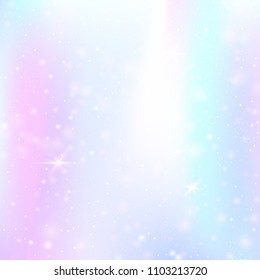 Unicorn background with rainbow mesh. Cute universe banner in princess colors. Fantasy gradient backdrop with hologram.  Holographic unicorn background with magic sparkles, stars and blurs.