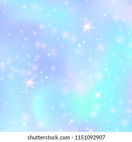Unicorn background with rainbow mesh. Cute universe banner in princess colors. Fantasy gradient backdrop with hologram.  Holographic unicorn background with magic sparkles, stars and blurs.
