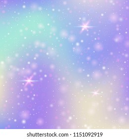 Unicorn background with rainbow mesh. Cute universe banner in princess colors. Fantasy gradient backdrop with hologram.  Holographic unicorn background with magic sparkles, stars and blurs.