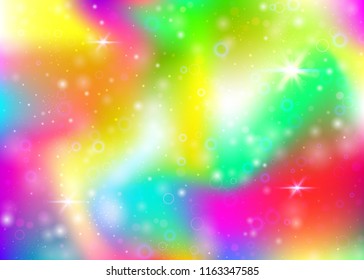 Unicorn background with rainbow mesh. Cute universe banner in princess colors. Fantasy gradient backdrop with hologram. Holographic unicorn background with magic sparkles, stars and blurs.