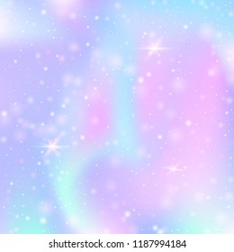 Unicorn background with rainbow mesh. Cute universe banner in princess colors. Fantasy gradient backdrop with hologram.  Holographic unicorn background with magic sparkles, stars and blurs.
