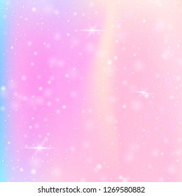 Unicorn background with rainbow mesh. Cute universe banner in princess colors. Fantasy gradient backdrop with hologram.  Holographic unicorn background with magic sparkles, stars and blurs.