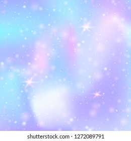 Unicorn background with rainbow mesh. Cute universe banner in princess colors. Fantasy gradient backdrop with hologram.  Holographic unicorn background with magic sparkles, stars and blurs.