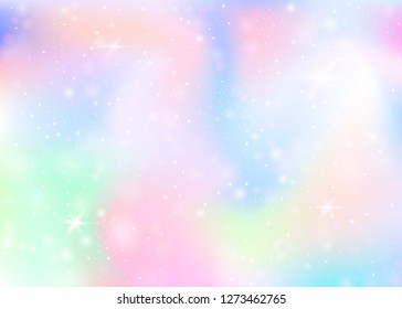 Unicorn background with rainbow mesh. Cute universe banner in princess colors. Fantasy gradient backdrop with hologram. Holographic unicorn background with magic sparkles, stars and blurs.