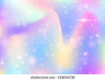 Unicorn background with rainbow mesh. Cute universe banner in princess colors. Fantasy gradient backdrop with hologram. Holographic unicorn background with magic sparkles, stars and blurs.