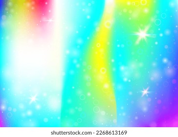 Unicorn background with rainbow mesh. Cute universe banner in princess colors. Fantasy gradient backdrop with hologram. Holographic unicorn background with magic sparkles, stars and blurs.