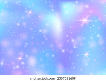 Unicorn background with rainbow mesh. Cute universe banner in princess colors. Fantasy gradient backdrop with hologram. Holographic unicorn background with magic sparkles, stars and blurs.