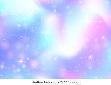 Unicorner Hintergrund mit Regenbogenmasche. Frische Universum-Banner in Prinzessin-Farben. Fantasy-Farbverlauf-Hintergrund mit Hologramm. Holografischer, einfarbiger Hintergrund mit magischen Funken, Sternen und Bluren.