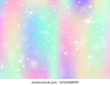 Unicorn background with rainbow mesh. Cute universe banner in princess colors. Fantasy gradient backdrop with hologram. Holographic unicorn background with magic sparkles, stars and blurs.