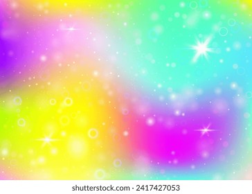 Unicorn background with rainbow mesh. Cute universe banner in princess colors. Fantasy gradient backdrop with hologram. Holographic unicorn background with magic sparkles, stars and blurs.