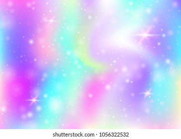 Unicorn background with rainbow mesh. Girlie universe banner in princess colors. Fantasy gradient backdrop with hologram. Holographic unicorn background with magic sparkles, stars and blurs.