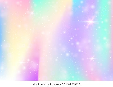 Unicorn background with rainbow mesh. Girlie universe banner in princess colors. Fantasy gradient backdrop with hologram. Holographic unicorn background with magic sparkles, stars and blurs.