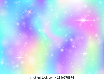 Unicorn background with rainbow mesh. Girlie universe banner in princess colors. Fantasy gradient backdrop with hologram. Holographic unicorn background with magic sparkles, stars and blurs.